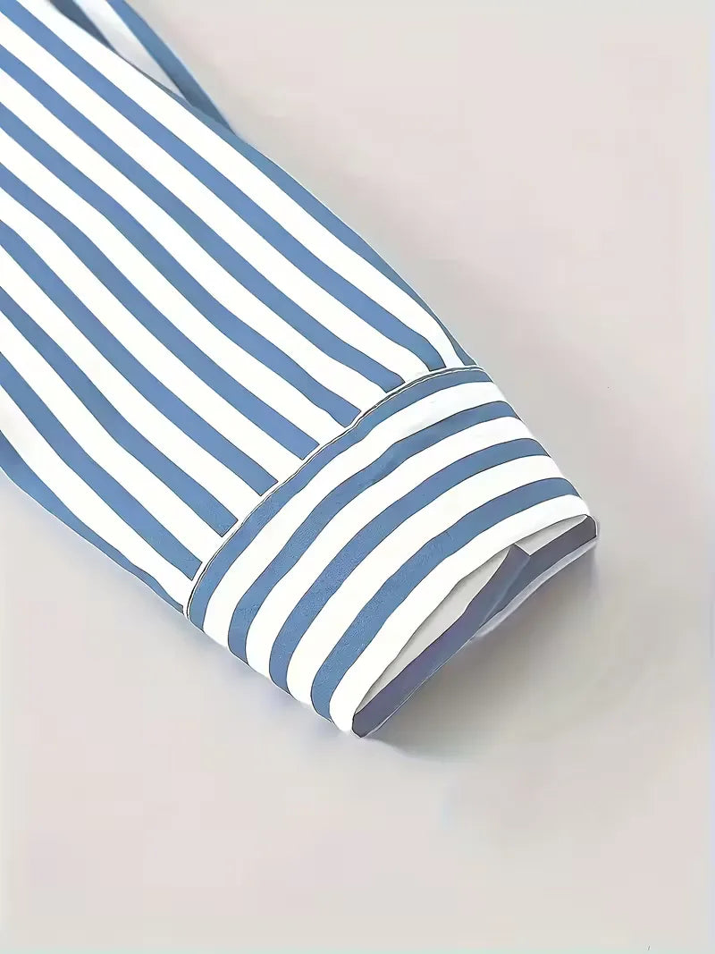 Mens Vertical Stripe Dress Shirt Mandarin Collar