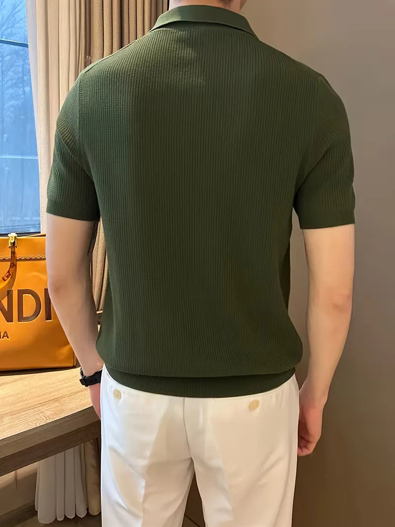 Mens V Neck Knitted Short Sleeve Polo