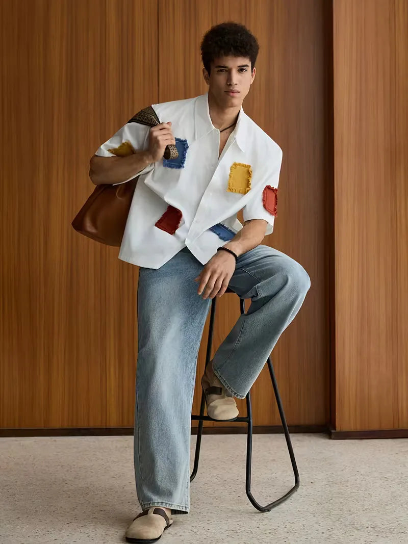 Mens Short Sleeve Patchwork Shirt