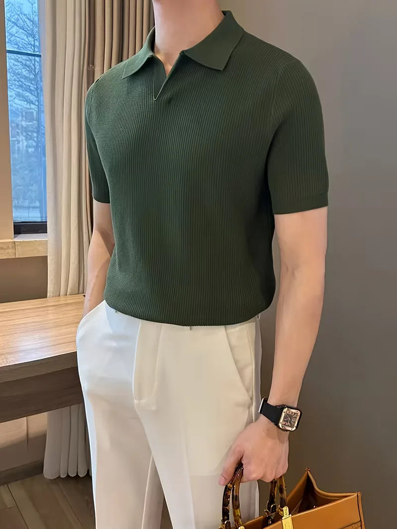 Mens V Neck Knitted Short Sleeve Polo