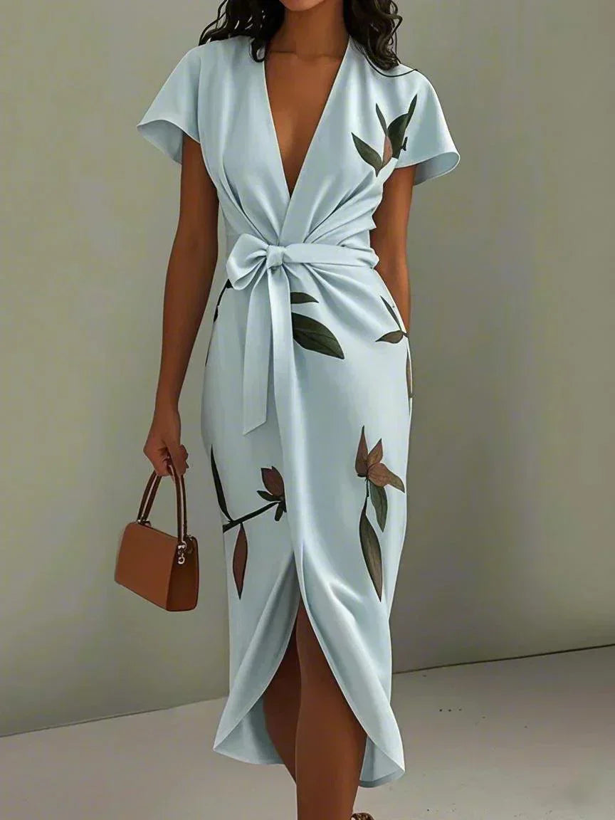 Wrap Dress V-Neck Flutter Sleeve Ribbon Belt Floral