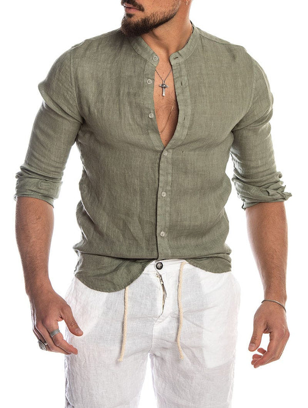 Mens Button Shirt Regular Fit Classic Collar Green
