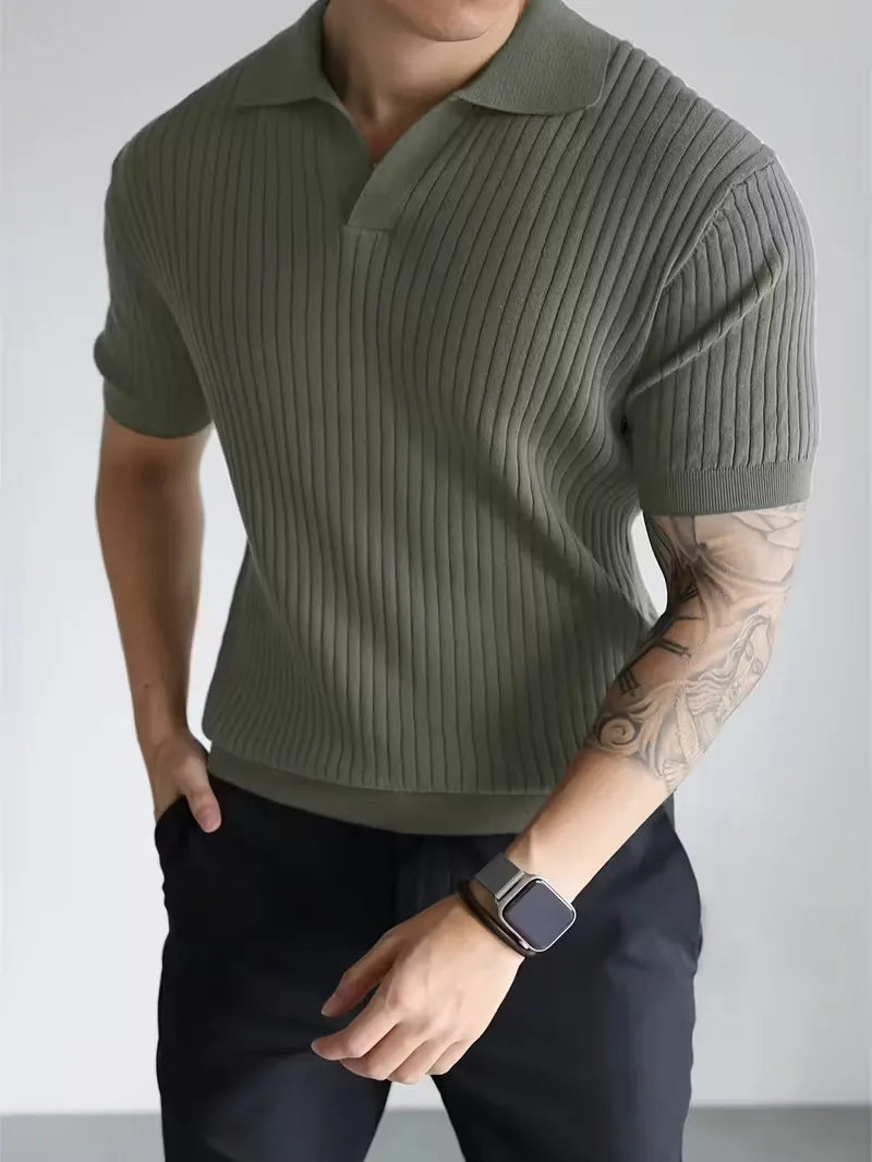 Mens V Neck Ribbed Texture Polo