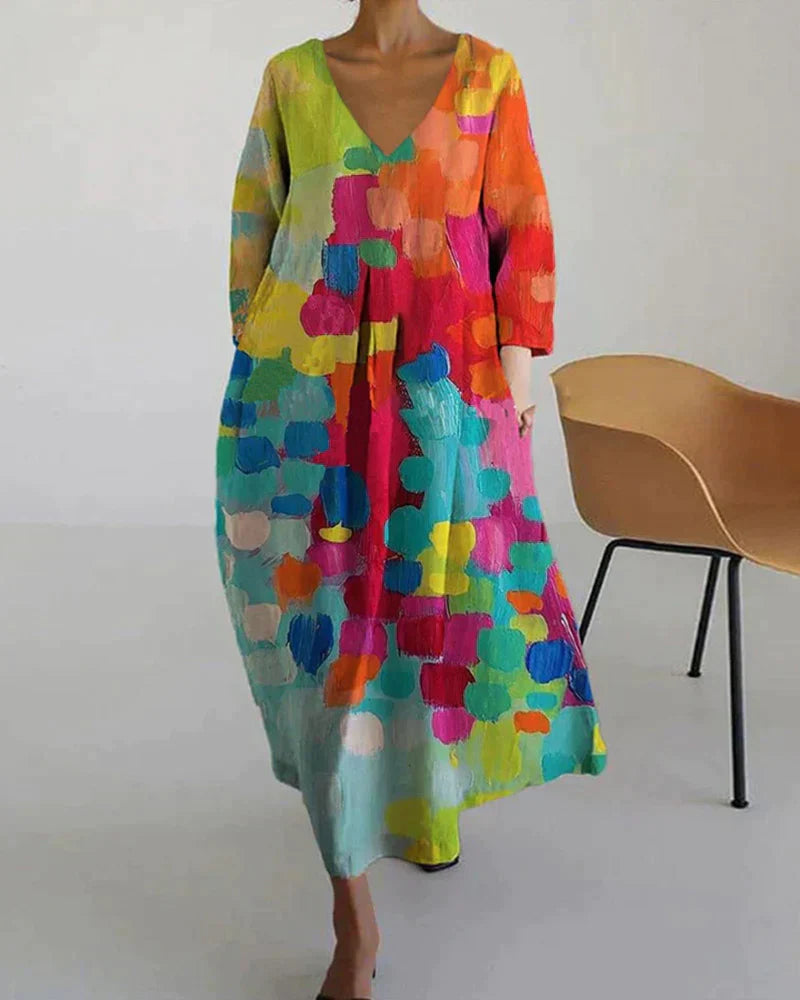 Womens Oversized Midi Summer Dress V Neck Print