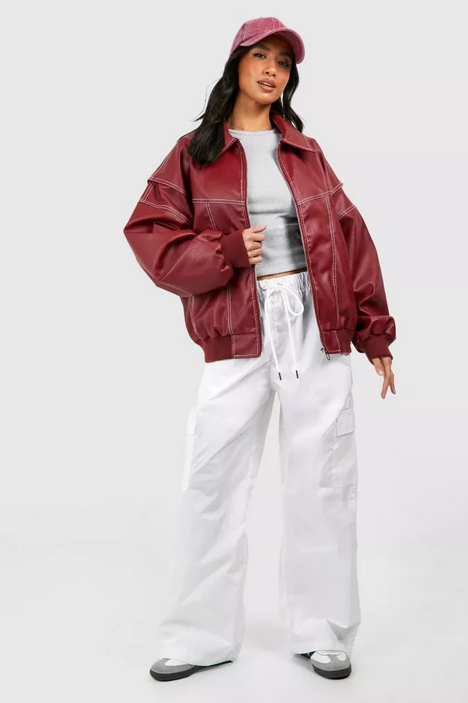 Oversized Faux Leather Jacket Red Biker Statement
