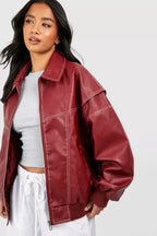 Oversized Faux Leather Jacket Red Biker Statement