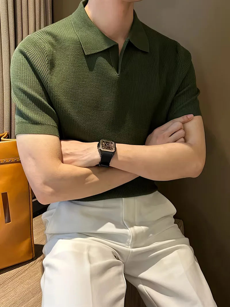Mens V Neck Knitted Short Sleeve Polo