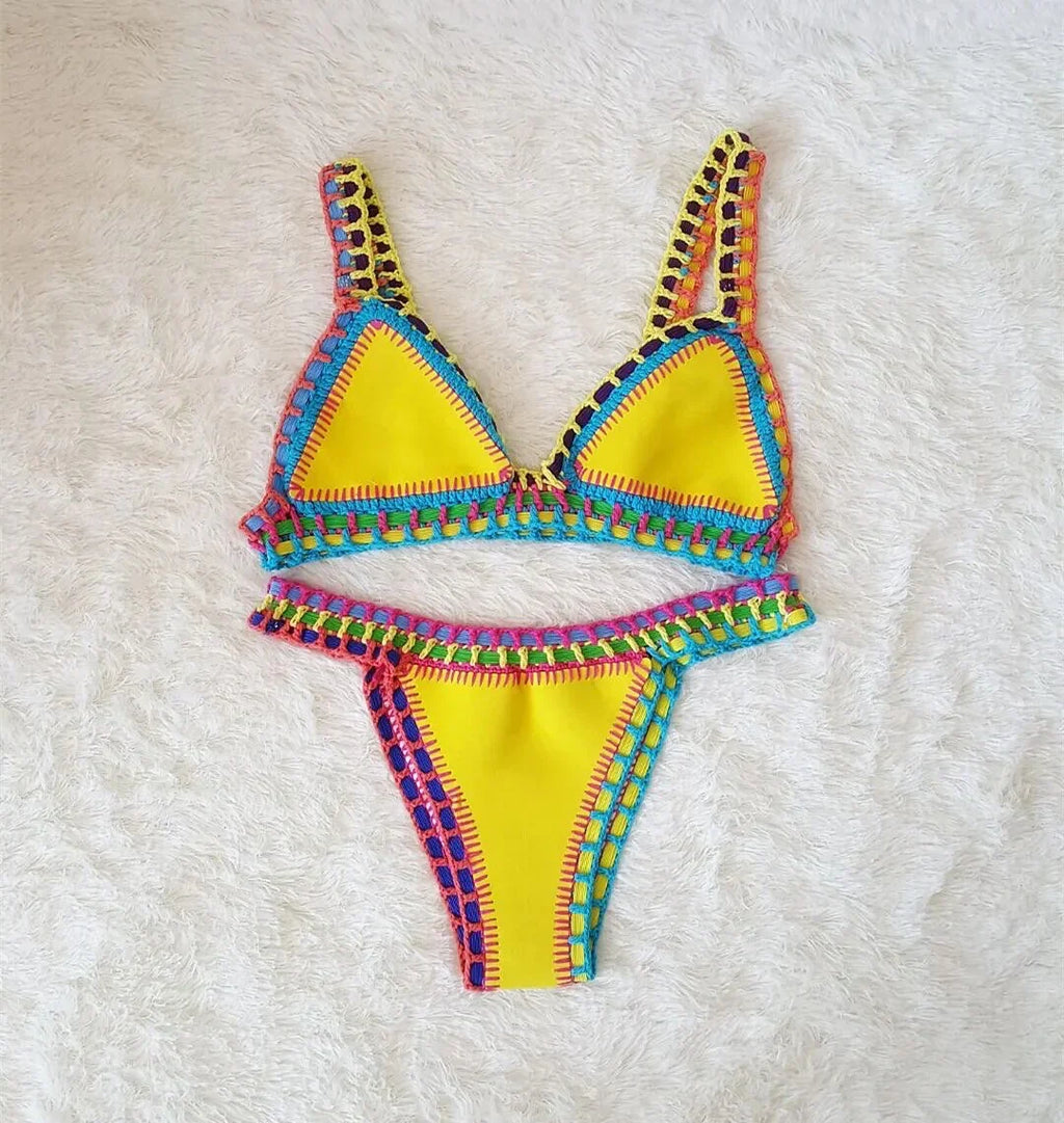 Womens Boho Crochet Bikini Set Stretch Top Four Color