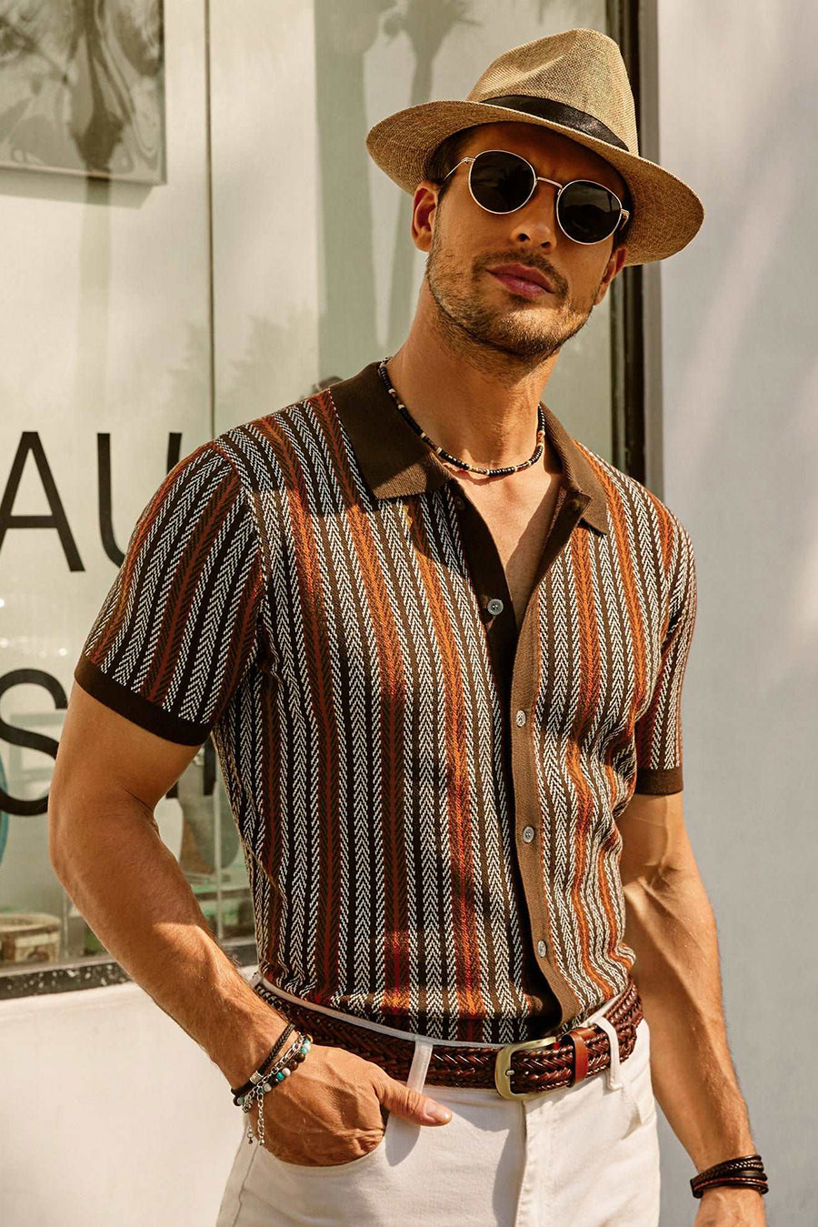 Mens Striped Polo Short Sleeve Contrast Collar Three Color