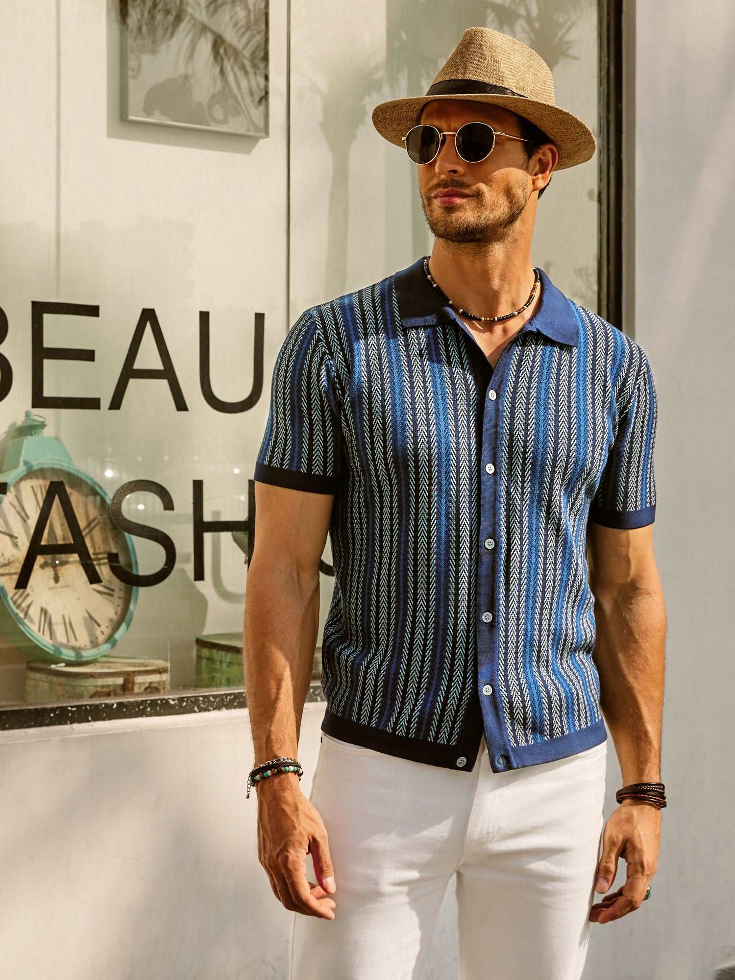 Mens Striped Polo Short Sleeve Contrast Collar Three Color