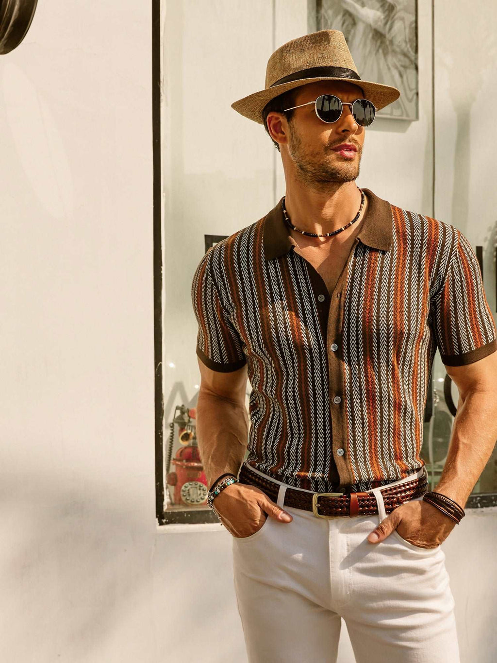 Mens Striped Polo Short Sleeve Contrast Collar Three Color