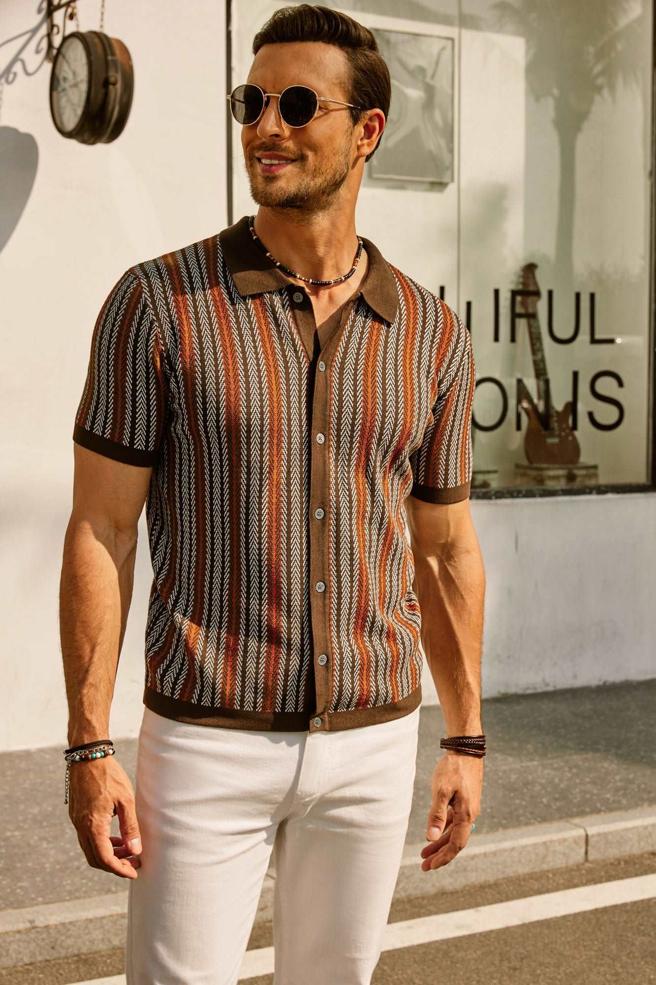 Mens Striped Polo Short Sleeve Contrast Collar Three Color