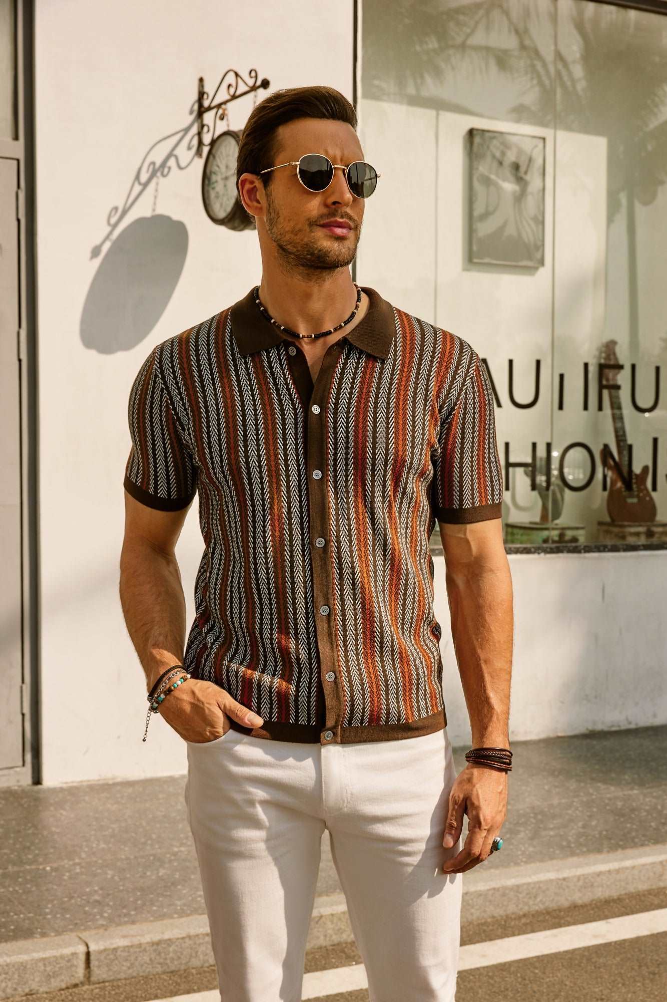 Mens Striped Polo Short Sleeve Contrast Collar Three Color