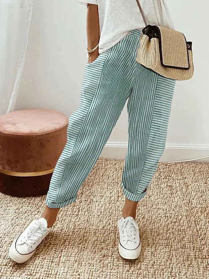 Striped Pants Straight Leg Elastic Waist Pockets