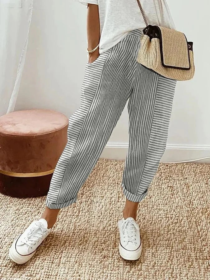 Striped Pants Straight Leg Elastic Waist Pockets