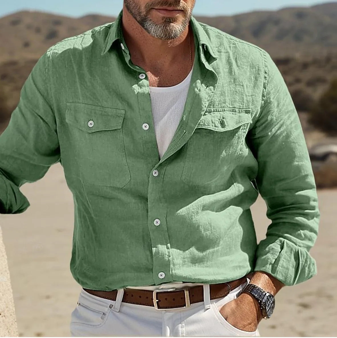Mens Long Sleeve Shirt Chest Pocket Four Color