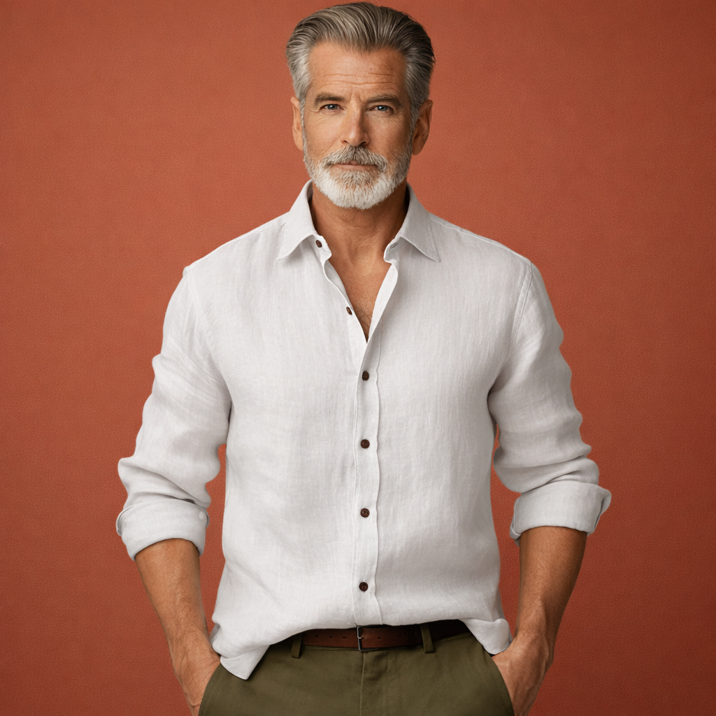 Mens Linen Shirt Long Sleeve Relaxed Fit Five Color