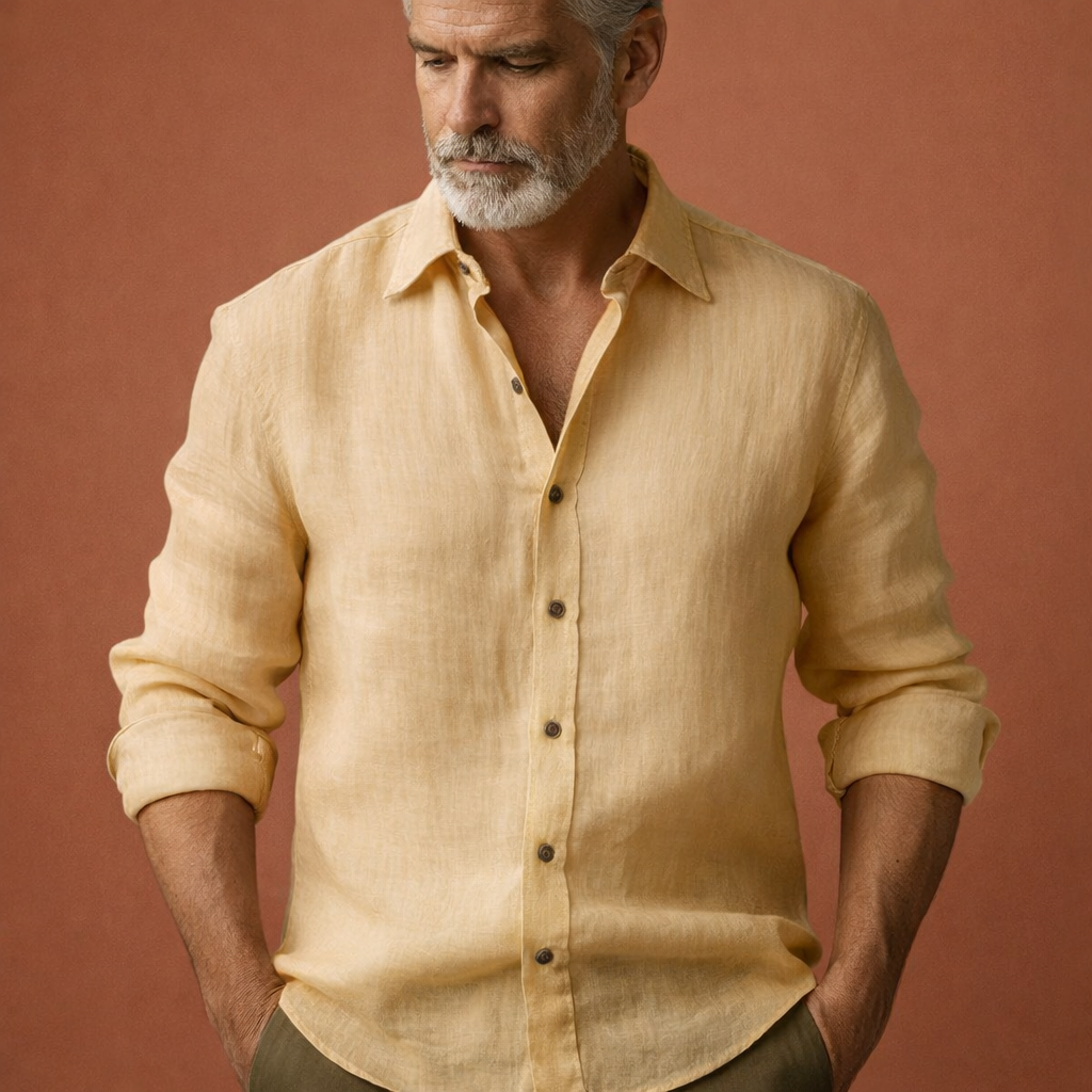 Mens Linen Shirt Long Sleeve Relaxed Fit Five Color
