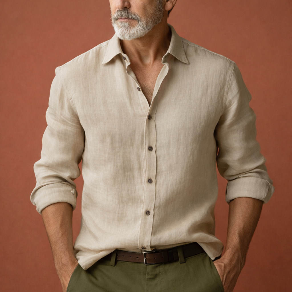 Mens Linen Shirt Long Sleeve Relaxed Fit Five Color