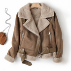 Women's Sherpa Fleece Bomber Jacket Lined Ribbed Trim Warm