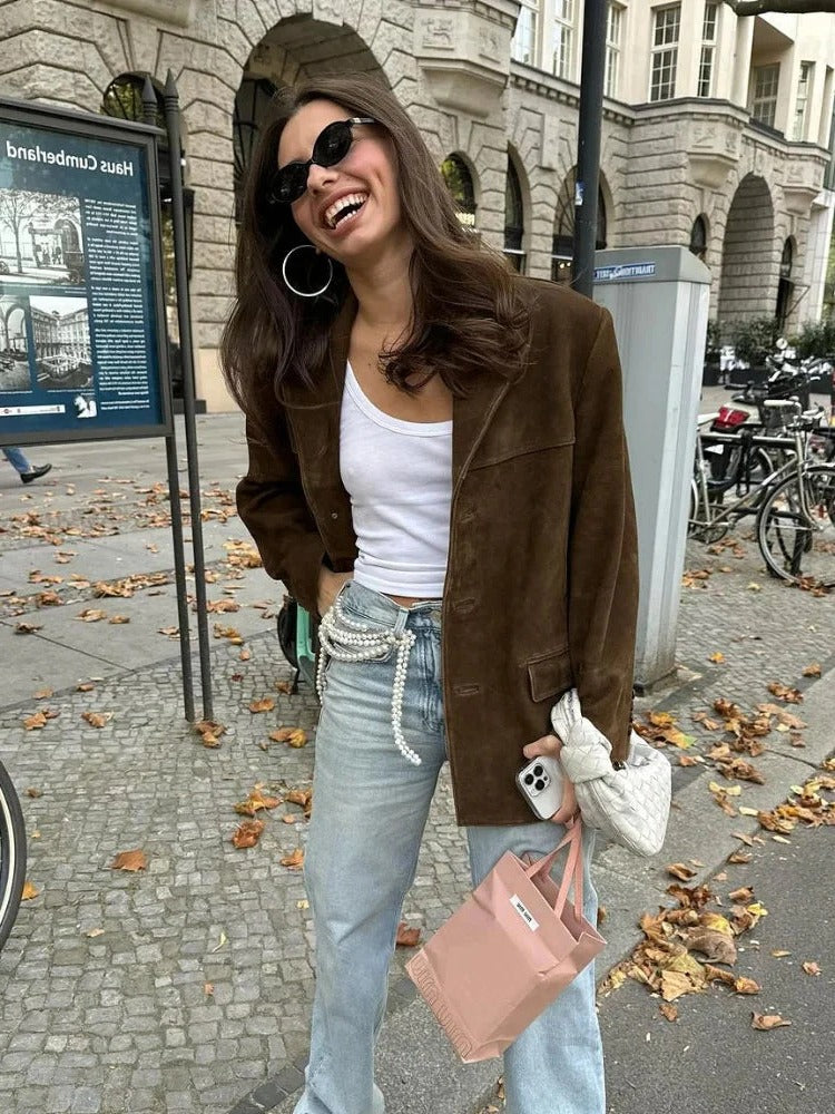 Women's Suede Jacket Brown Long Sleeve Pockets Fall