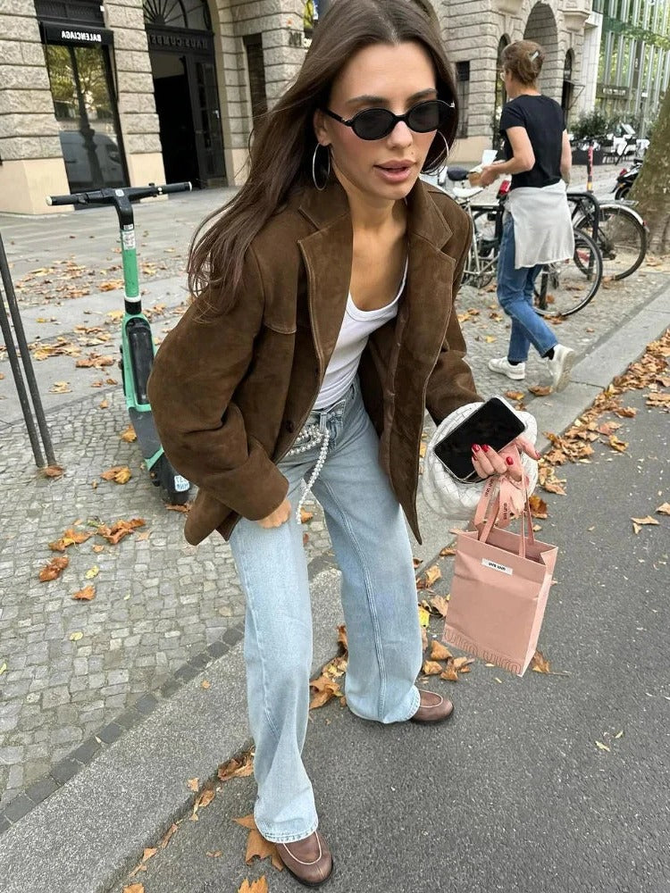 Women's Suede Jacket Brown Long Sleeve Pockets Fall
