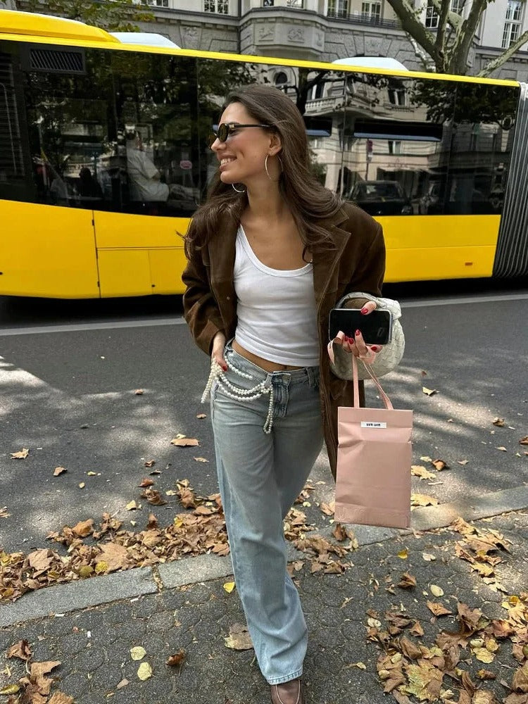 Women's Suede Jacket Brown Long Sleeve Pockets Fall