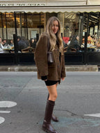 Women's Suede Jacket Brown Long Sleeve Pockets Fall
