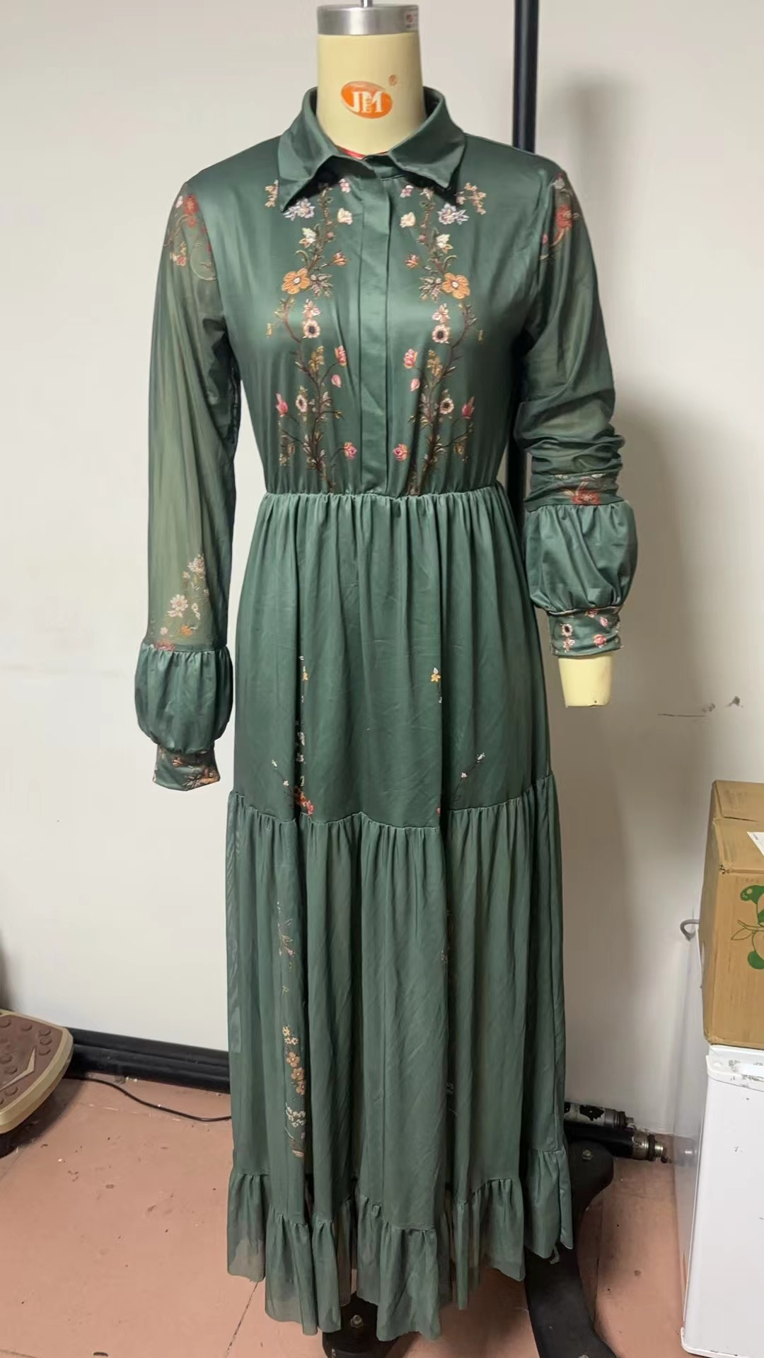Boho Maxi Dress Sheer Sleeve V-Neck Floral Embroidery Belted