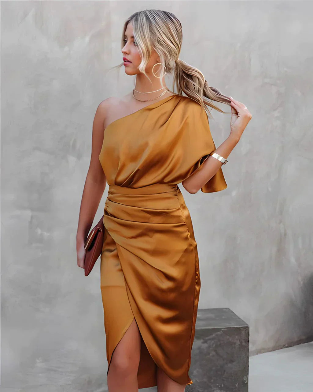 Womens One Shoulder Satin Midi Dress