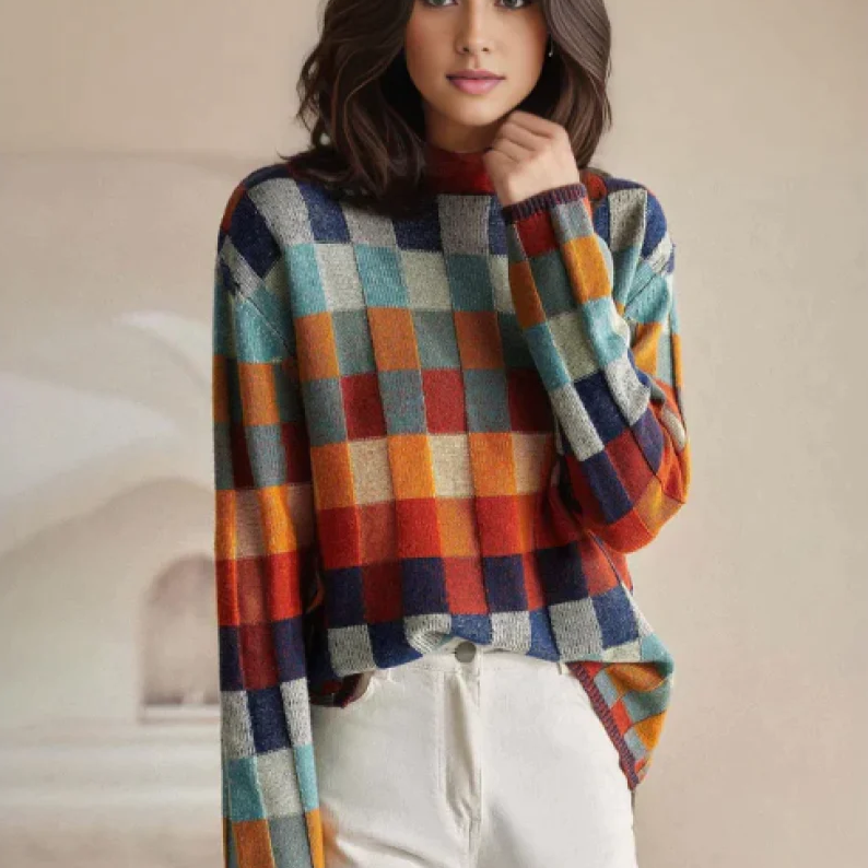 Women's Checked Sweater Roomy Knit Soft Handle Bold Pattern