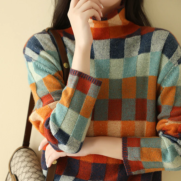 Women's Checked Sweater Roomy Knit Soft Handle Bold Pattern
