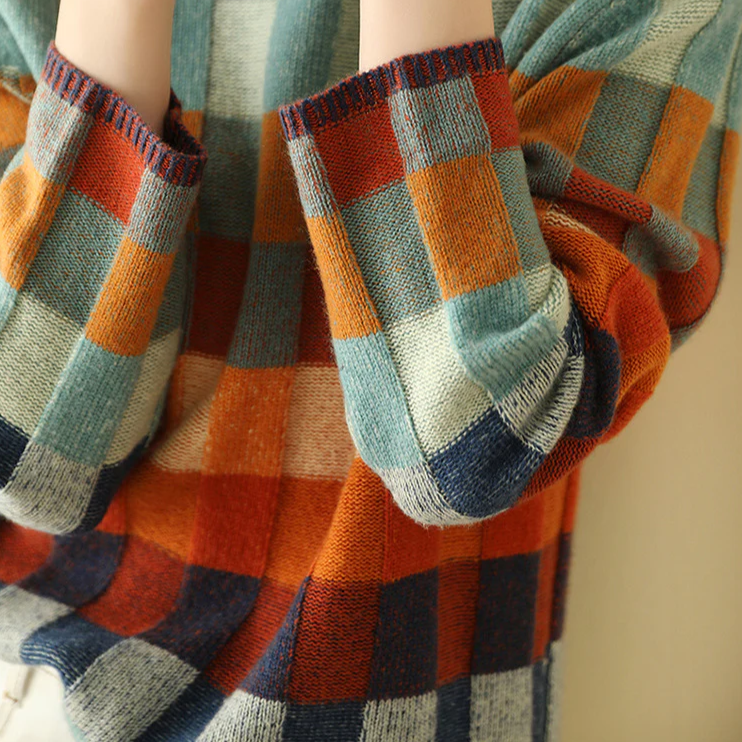 Women's Checked Sweater Roomy Knit Soft Handle Bold Pattern