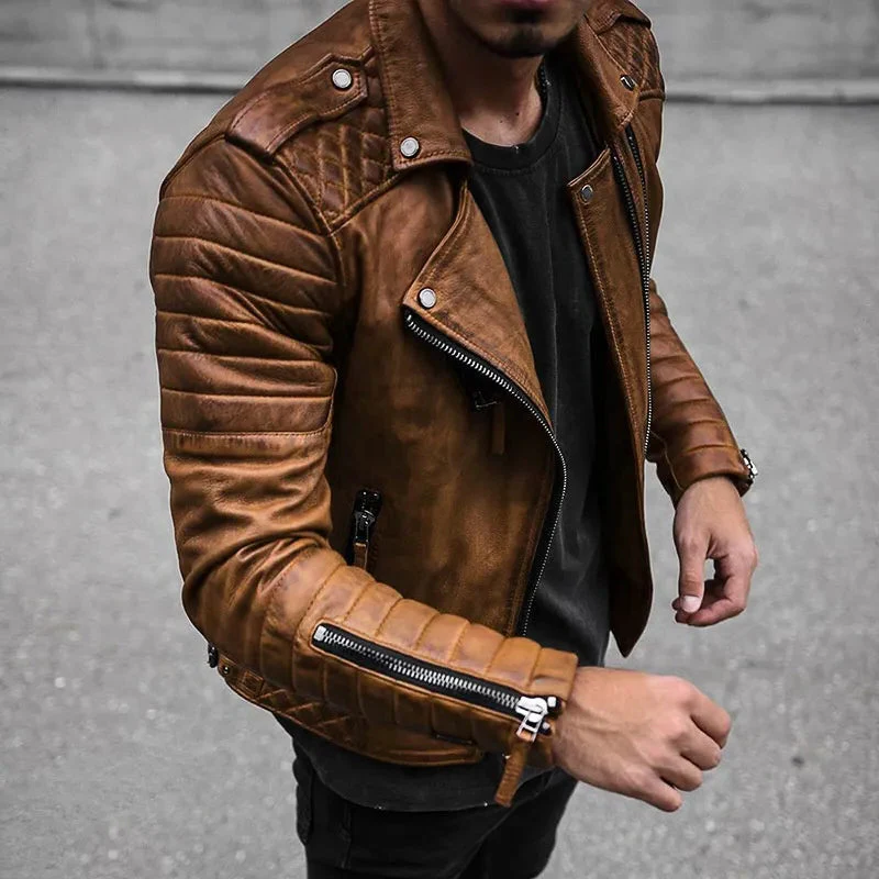 Men's Leather Jacket Synthetic Durable Elegant Zip Up