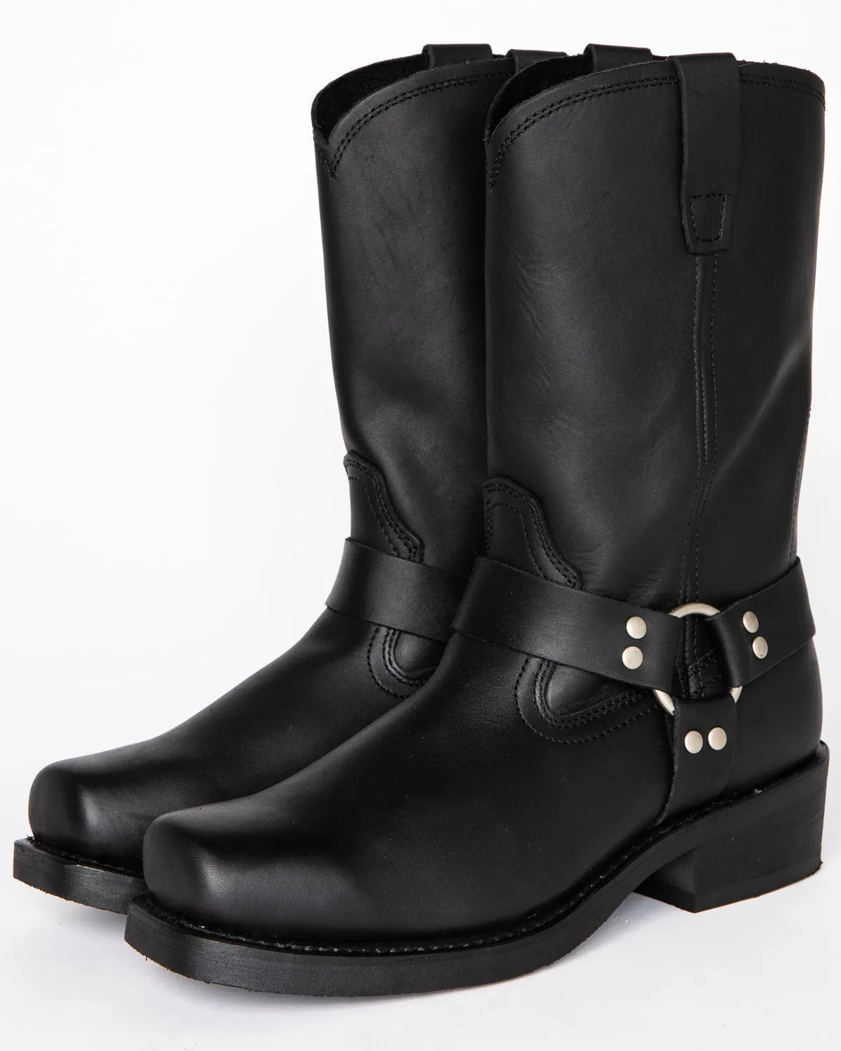 Men's Harness Boots Tall 11 Inch Leather Buckle Black