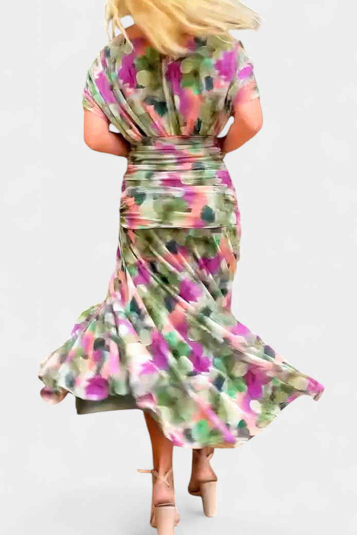 Off Shoulder Dress Ruched Bodice Flowing Skirt