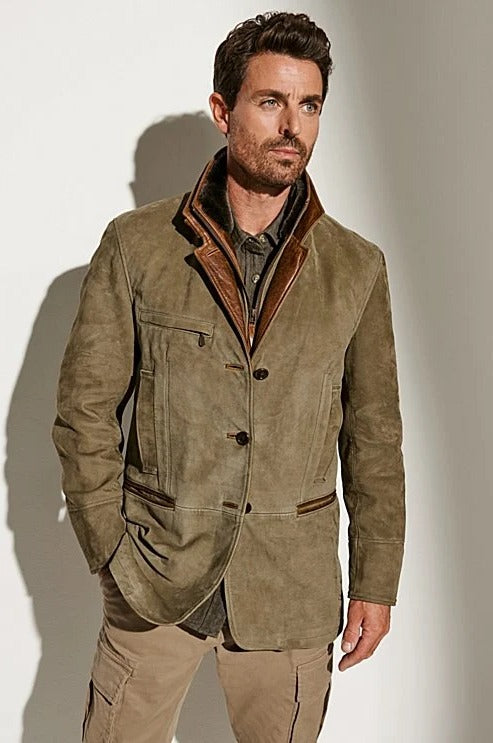 Men's Vintage Suede Jacket Fitted Zip Up Smart Casual