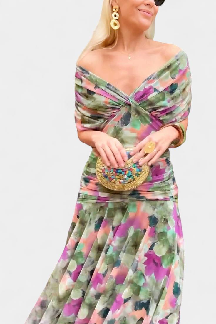 Off Shoulder Dress Ruched Bodice Flowing Skirt