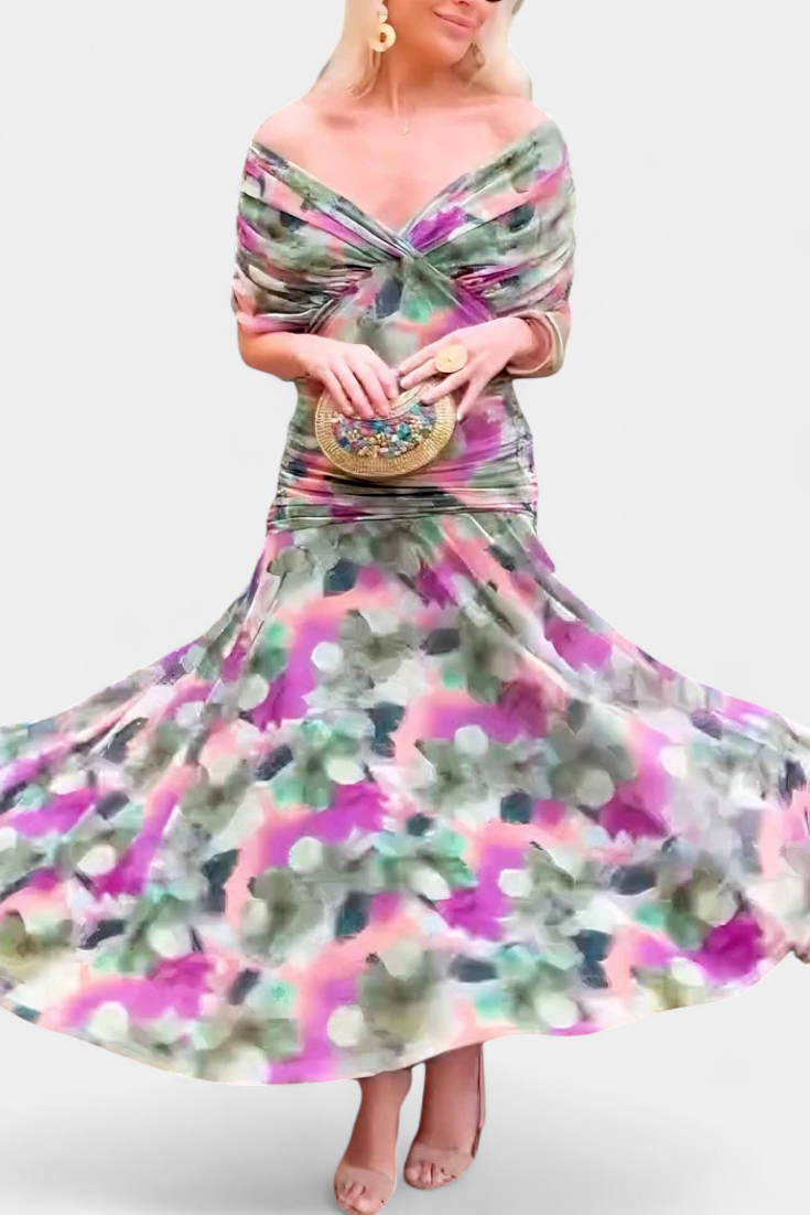 Off Shoulder Dress Ruched Bodice Flowing Skirt