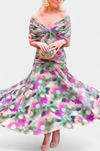 Off Shoulder Dress Ruched Bodice Flowing Skirt