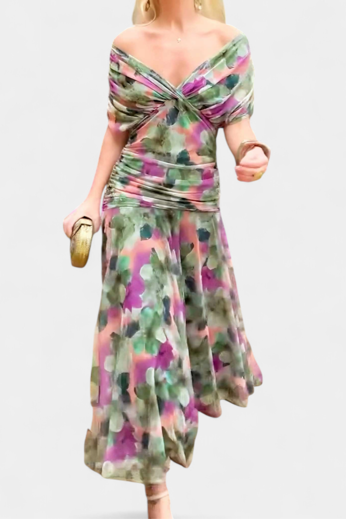 Off Shoulder Dress Ruched Bodice Flowing Skirt