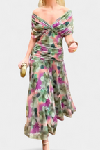 Off Shoulder Dress Ruched Bodice Flowing Skirt