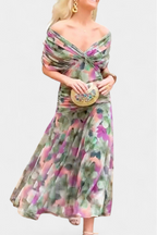 Off Shoulder Dress Ruched Bodice Flowing Skirt