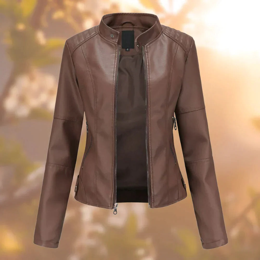Women's Leather Jacket Stand Collar Metallic Accents Zip Up