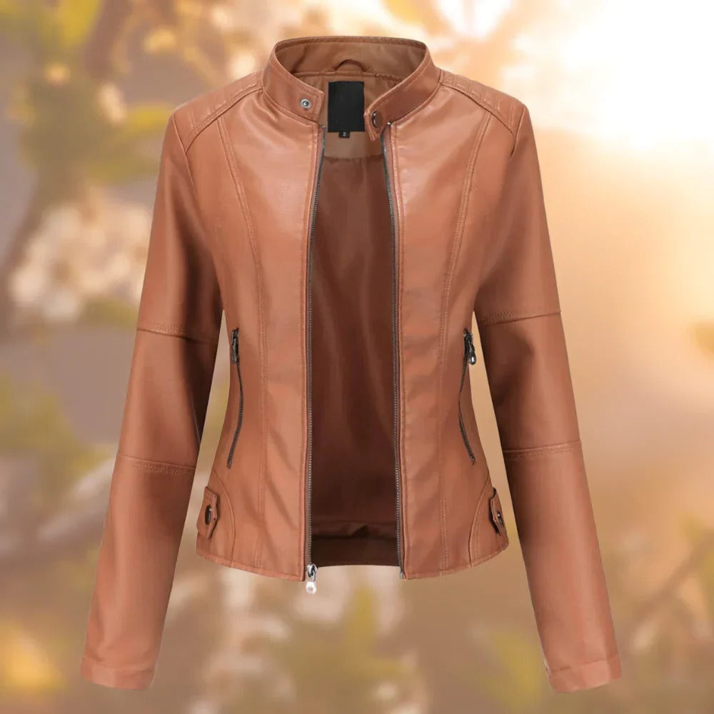 Women's Leather Jacket Stand Collar Metallic Accents Zip Up