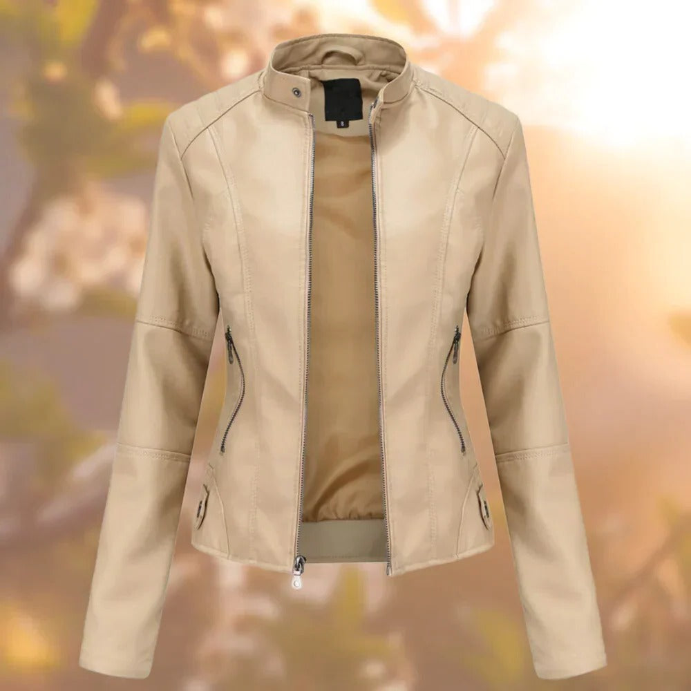 Women's Leather Jacket Stand Collar Metallic Accents Zip Up