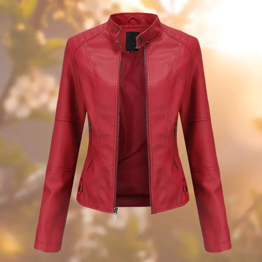 Women's Leather Jacket Stand Collar Metallic Accents Zip Up