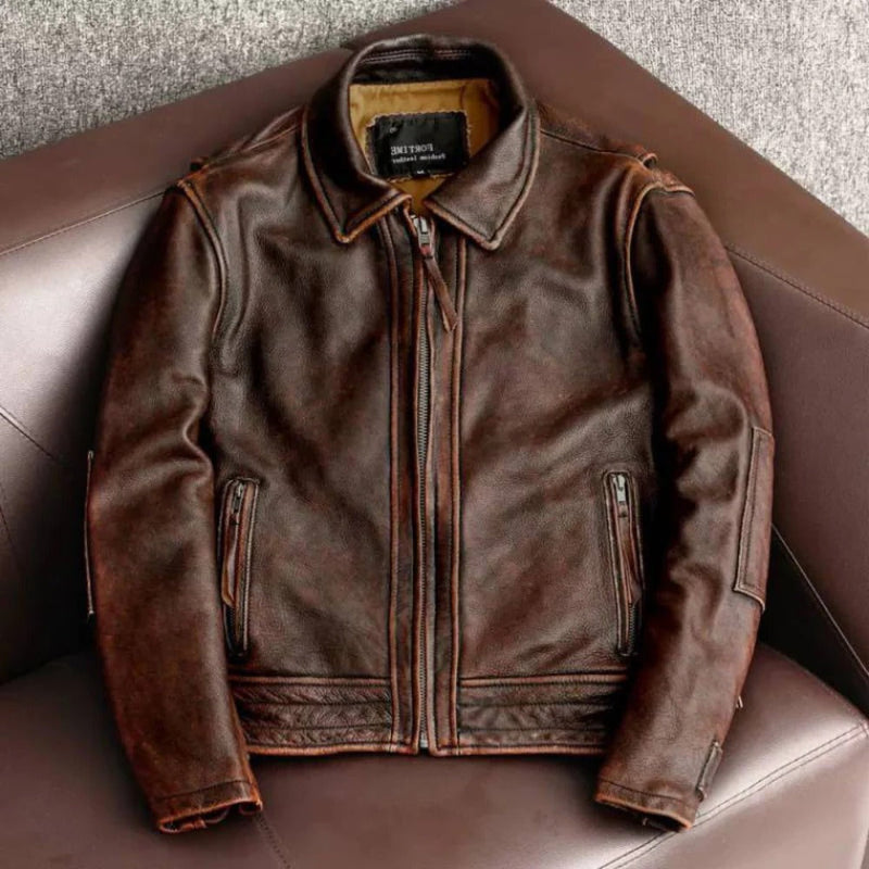 Men's Retro Leather Jacket Cowhide Slim Fit Winter Premium