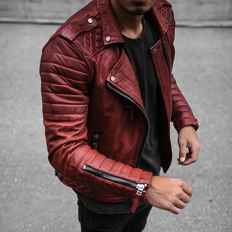 Men's Leather Jacket Synthetic Durable Elegant Zip Up