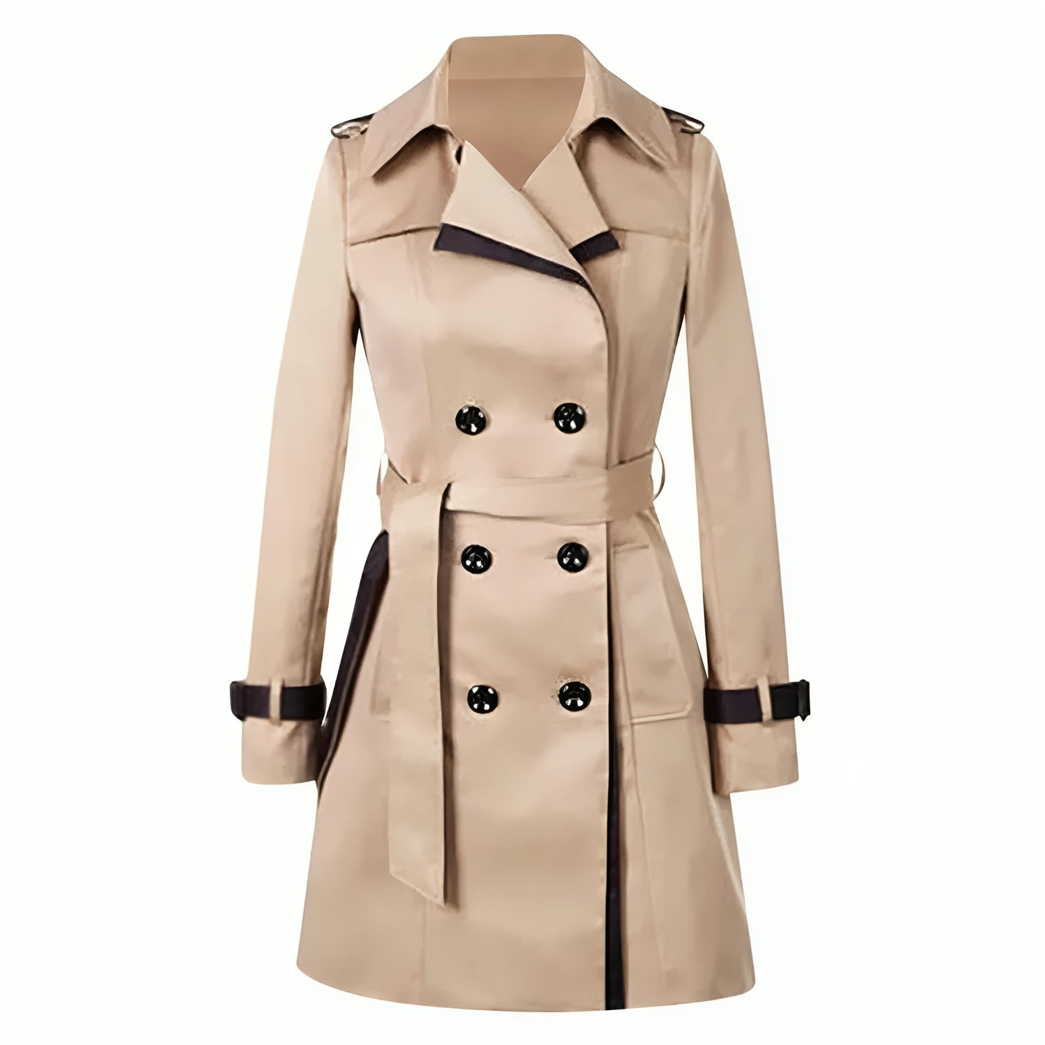 Women's Long Trench Coat Wrap Belt Buttoned Black